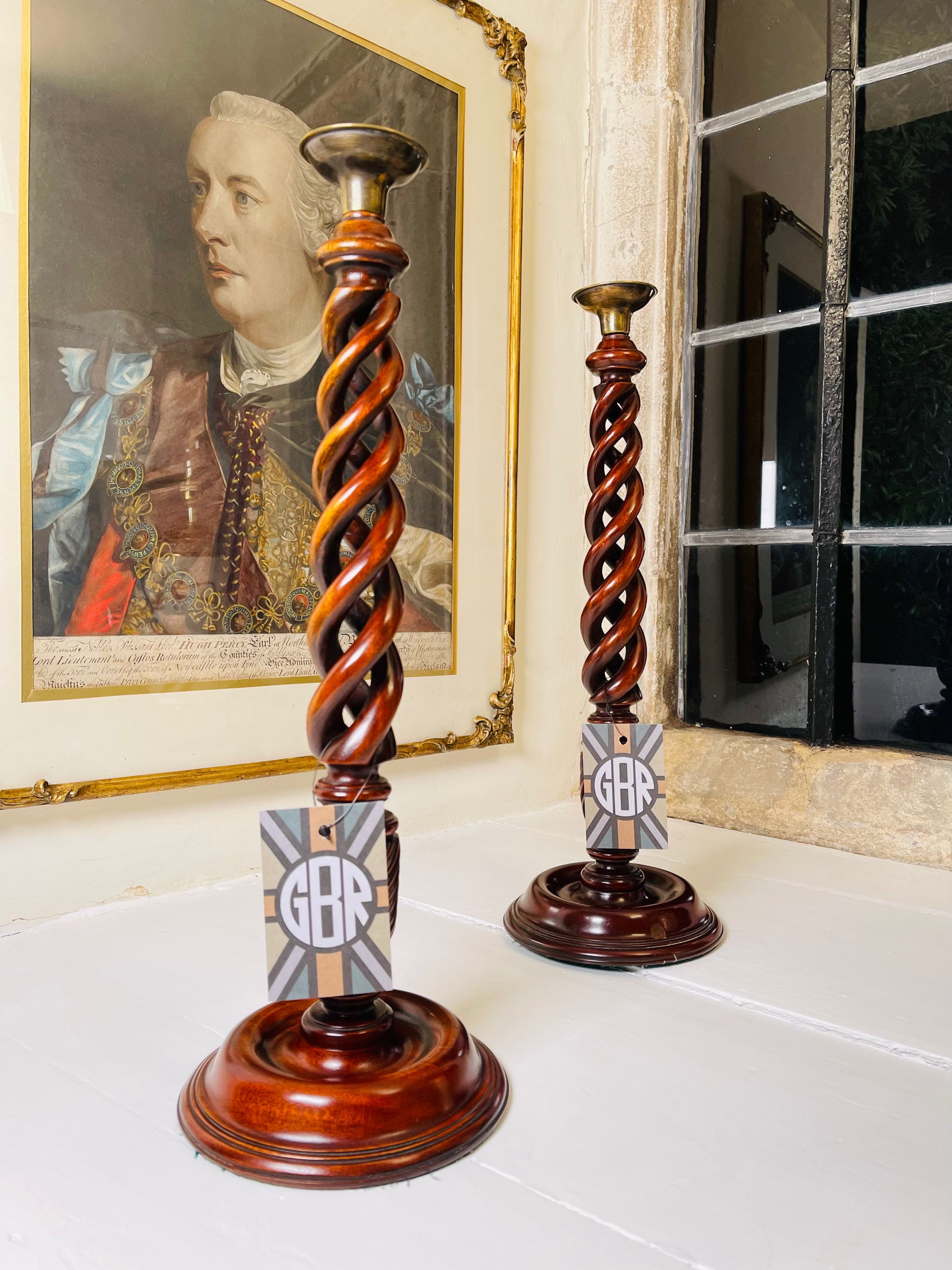 Victorian tall triple strand Barley Twist Mahogany Candlesticks