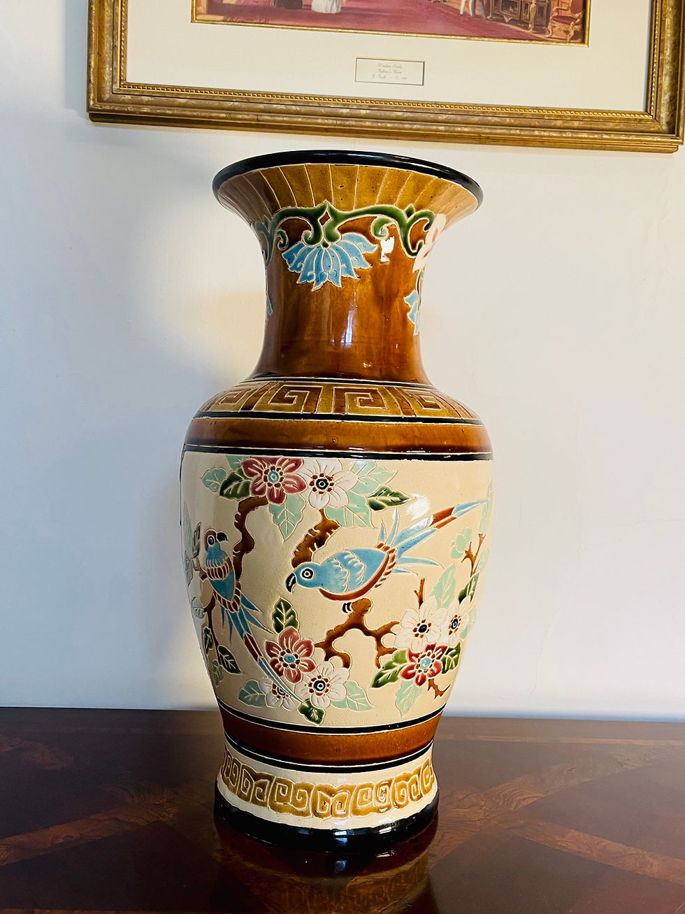 Thumbnail: Large vintage majolica style vase with exotic bird scene - #8245