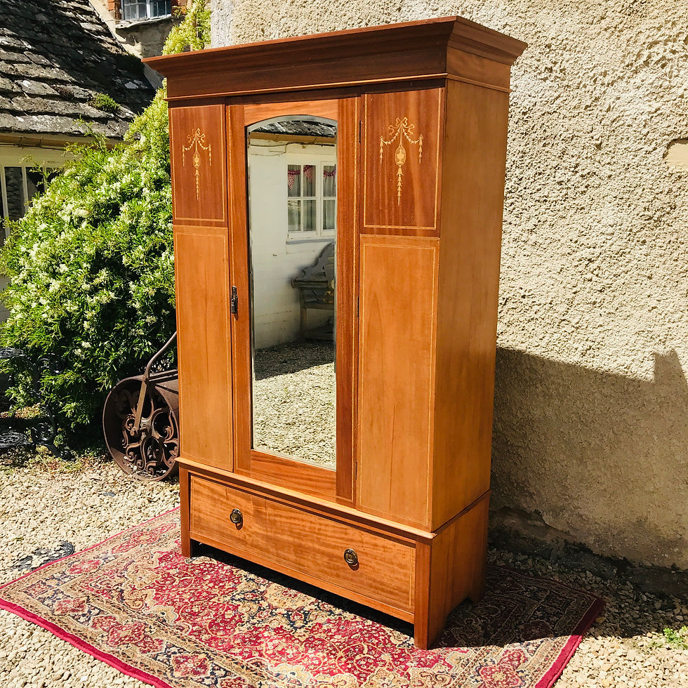 Edwardian mid-tone, inlaid mahogany, single mirrored door wardrobe - #