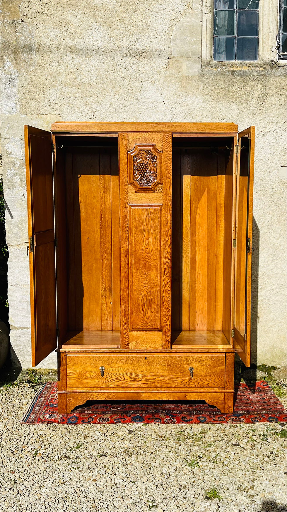 Thumbnail: 1920’s  Golden Oak Double Wardrobe over drawer base wardrobe. - #9077