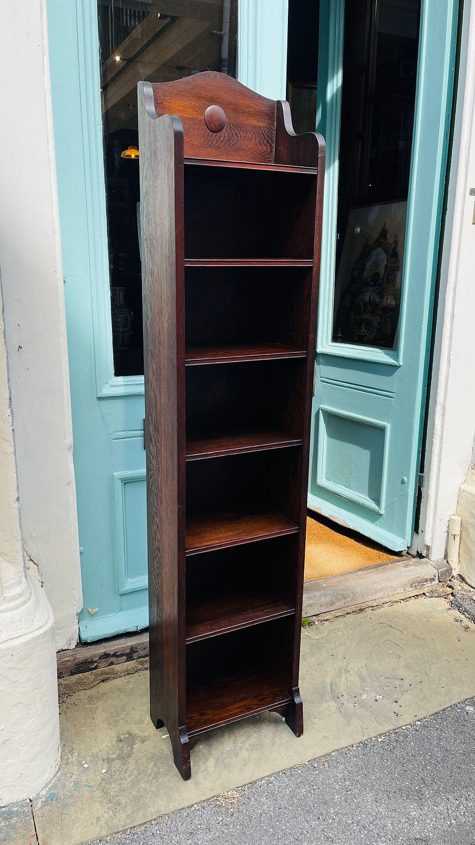 Thumbnail: Early 1900’s Arts & Crafts freestanding narrow bookcase in dark oak. 