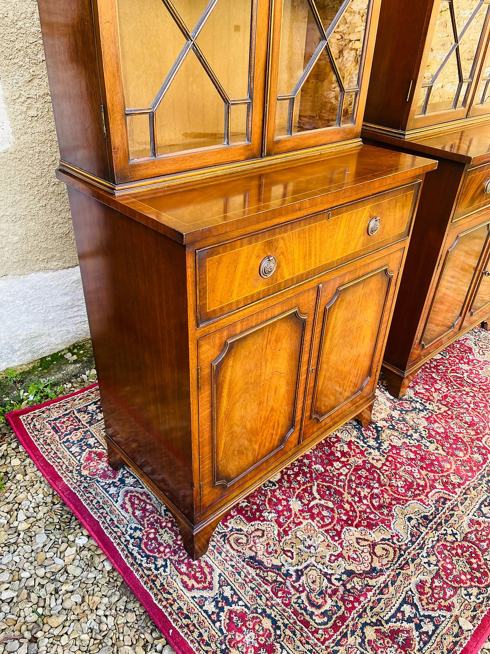 Thumbnail: Pair of reproduction mahogany cabinet bookcases of Architectural form - #8180