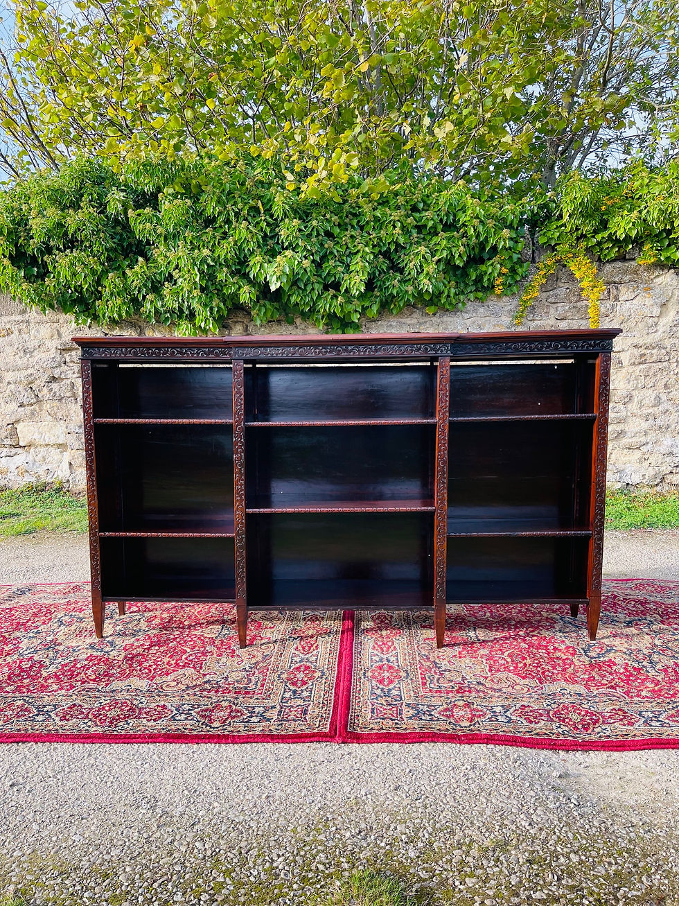 Thumbnail: Large antique dark mahogany break front open bookcase - 