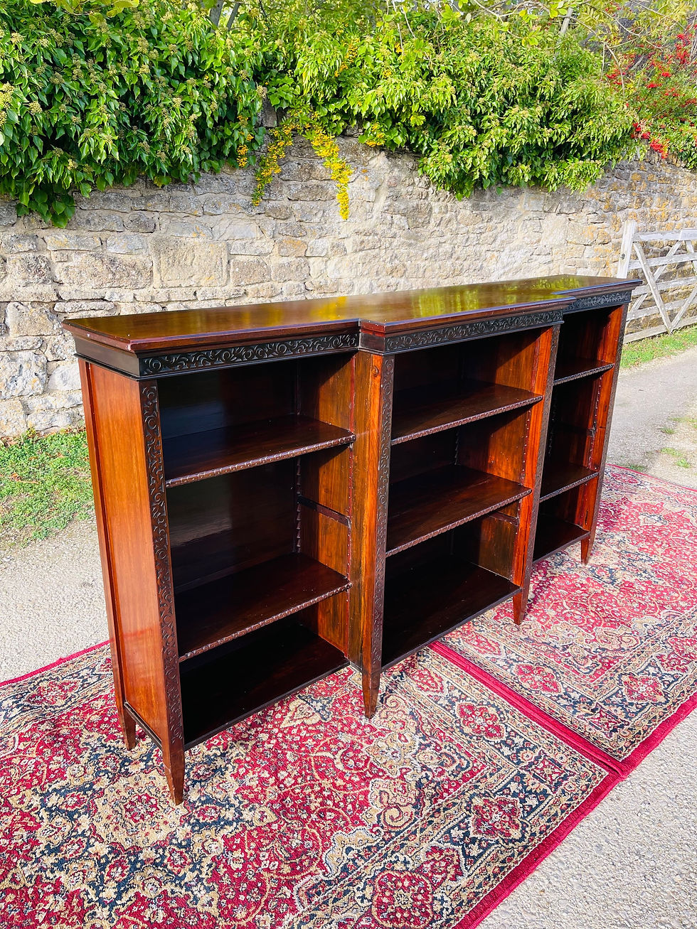 Thumbnail: Large antique dark mahogany break front open bookcase - 