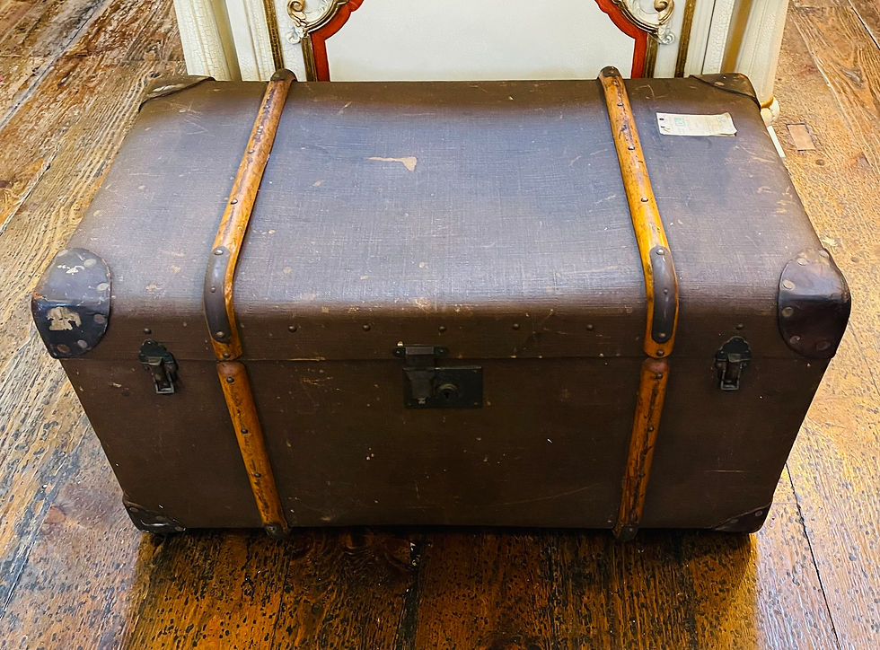 Thumbnail: Large antique bent wood banded steamer trunk - dark tan exterior. 