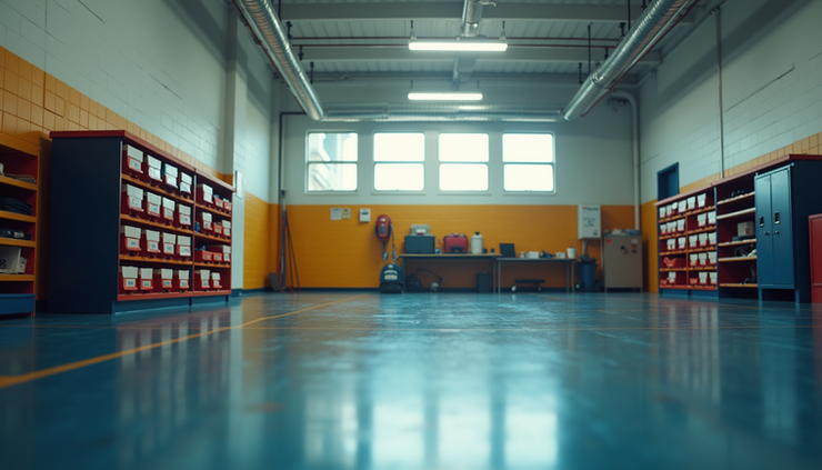 Eye-level view of a well-organized school gym equipment room with labeled storage bins