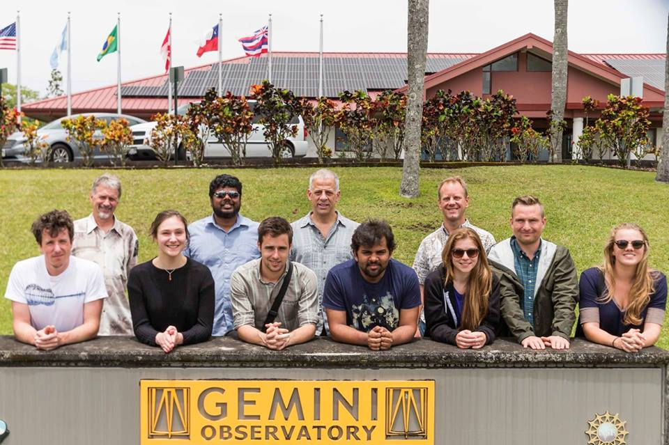 Figure 2- Happy canadian students on their Gemini visit. Front row, left to right: Jonathan Saint-Antoine, Mie Beers, Vincent Chambouleyron, Nikhil Arora, Deborah Lockhorst, Taylor Roberton, Katie Harris. Back row, left to right: Gemini Public Information and Outreach Manager Peter Michaud, Suresh Sivanandam (Dunlap Institute), Stephane Courteau (group leader, Queen’s University), and Gemini Director Markus Kissler-Patig. Image Credit: Gemini Observatory/AURA