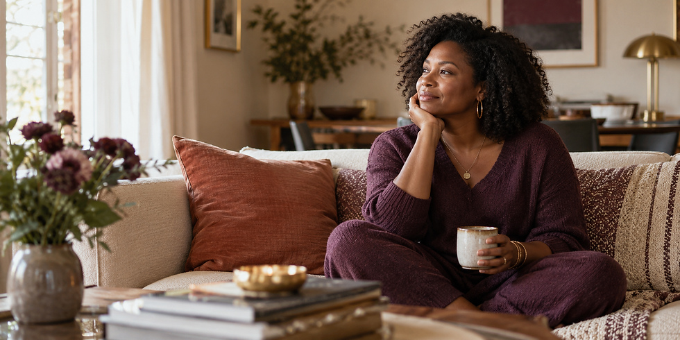 Thoughtful Black woman resting in a warm, peaceful living room after an emotionally demanding day.