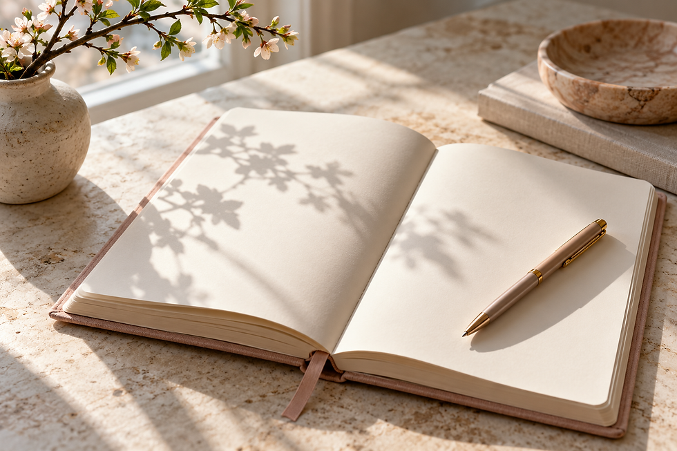 Open journal and pen in soft morning light, inviting reflection on personal growth