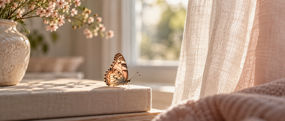 Butterfly resting by a sunlit window, symbolizing gradual personal change