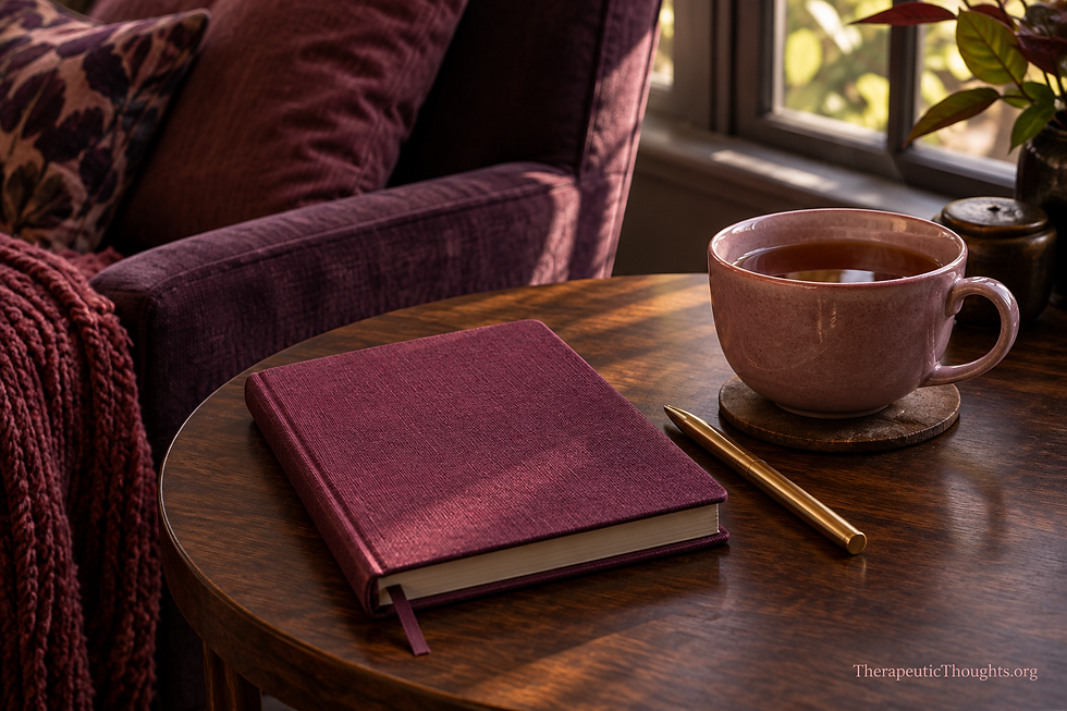Berry journal, brass pen, and rose teacup on a wooden table beside a plum chair. Text: “TherapeuticThoughts.org.”