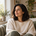 Woman taking a quiet pause beside a sunlit window at home.