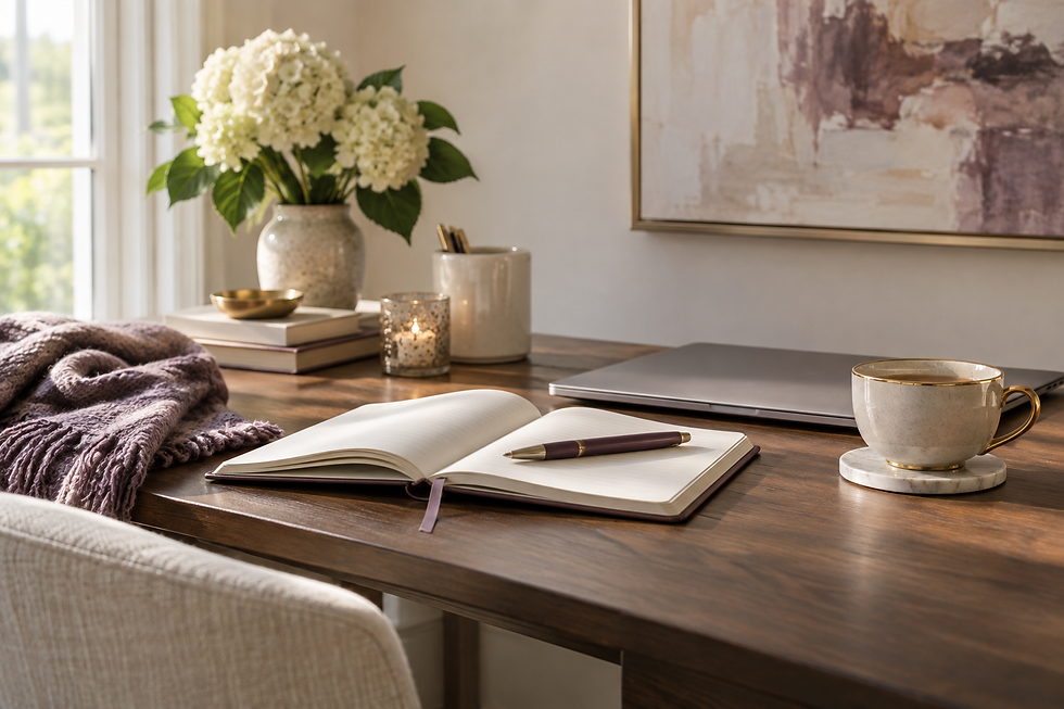 Open journal and tea in a calm home office representing private self-pay virtual therapy and emotional wellness.