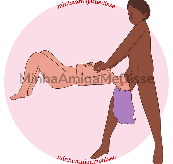 Ilustração da posição sexual que a mulher está deitada com a cabela fora da cama e o homem está em pé penetrando o pênis na boca dela. O site minhaamigamedisse.com é destacado no centro da imagem.