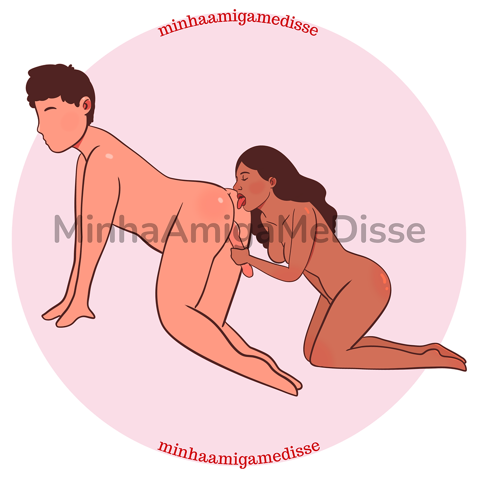Ilustração da posição sexual Folhinha Verde. o Homem está com joelhos e braços apoiados no chão (de quatro) e a mulher está ajoelhada atrás com a mão no pênis dele, enquanto faz sexo oral. O site minhaamigamedisse.com é destacado no centro da imagem.
