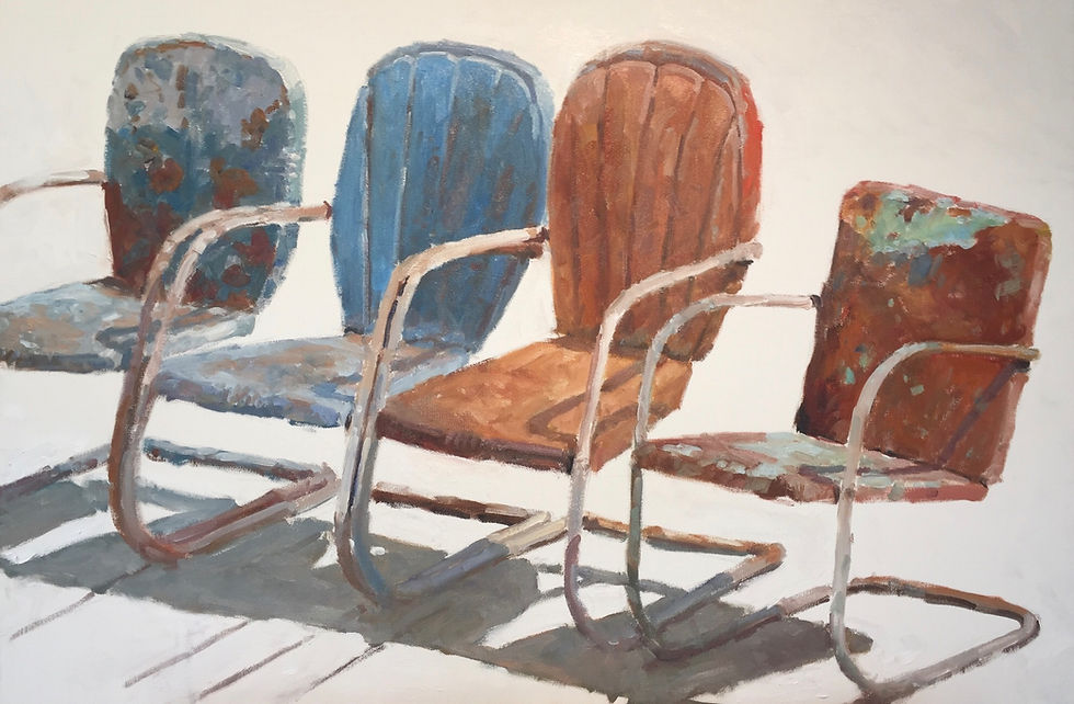 oil painting of 4 rusty lawn chairs on a white background
