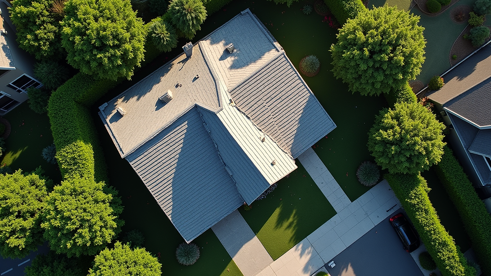 High angle view of a clean roof with trimmed trees around