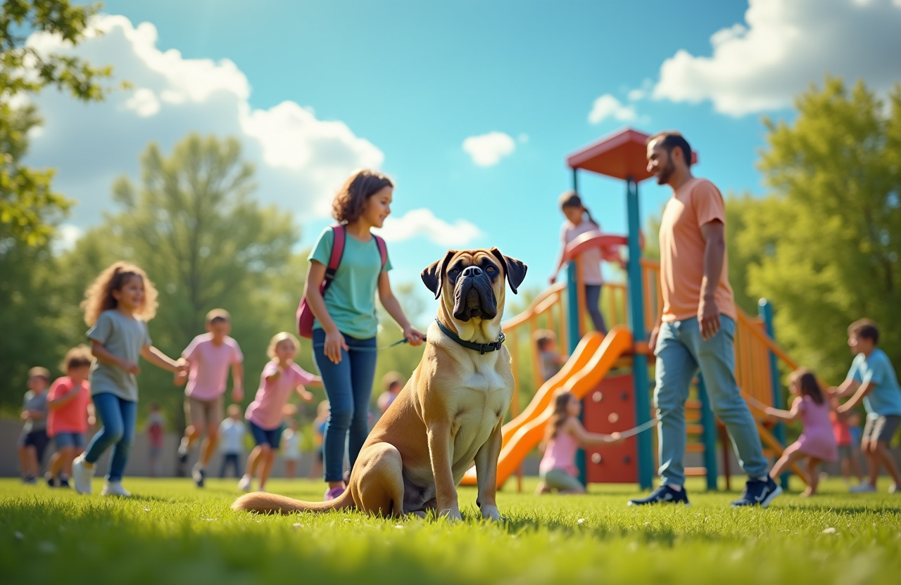 Children playing happily on playground with dog and adult