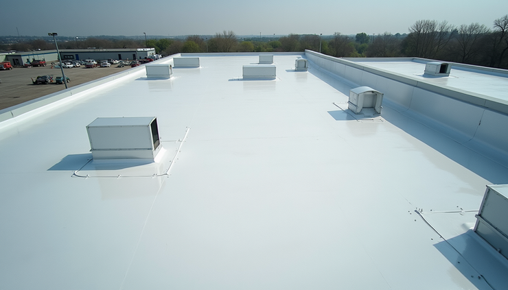 High angle view of industrial flat roof with reinforced membrane and ventilation systems