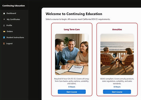 Online Insurance CE course dashboard with progress bar and completion status – Great Test Academy
