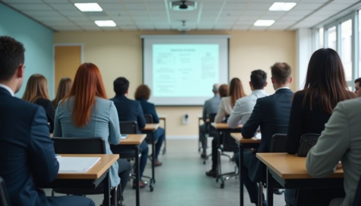 Eye-level view of a classroom with students attending a prelicensing course
