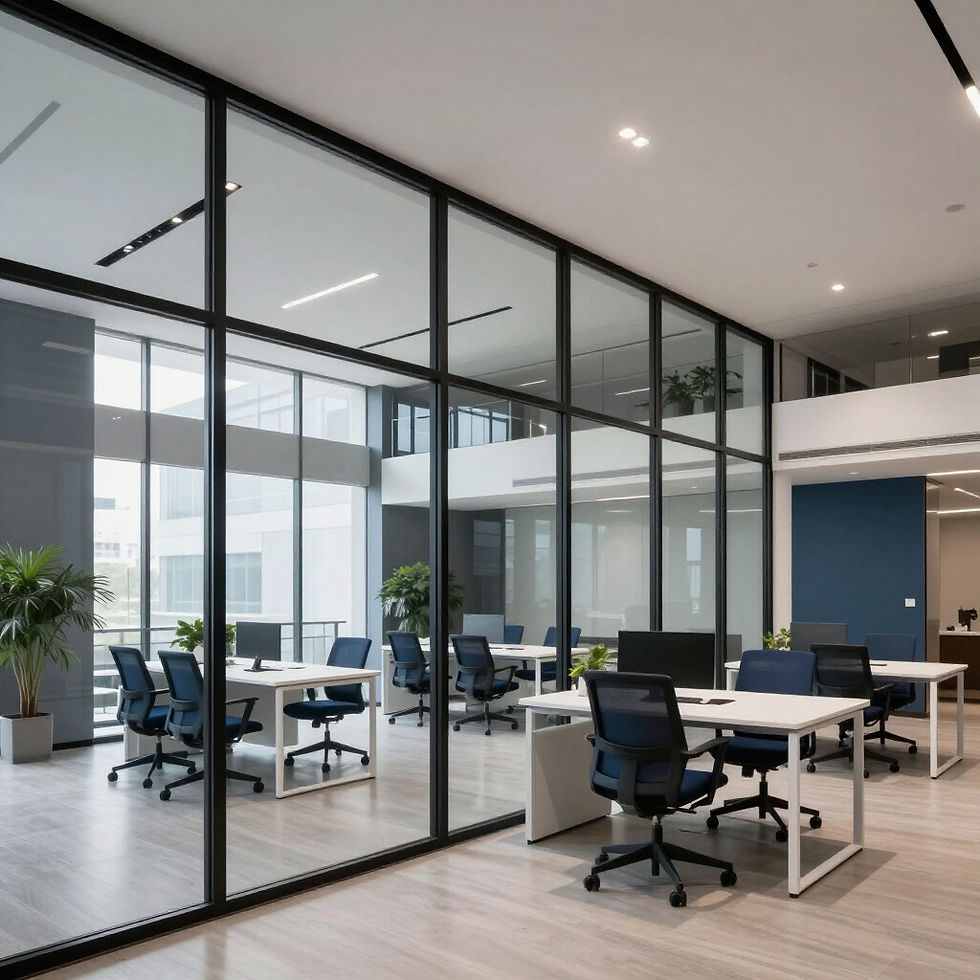 Modern commercial office with glass walls and workstations
