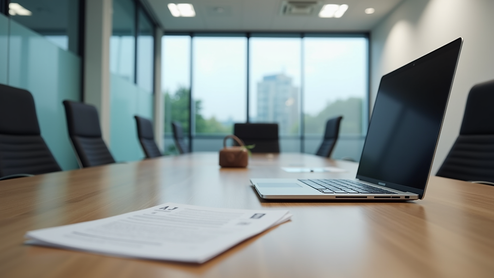 Eye-level view of a modern office meeting room with a laptop and documents
