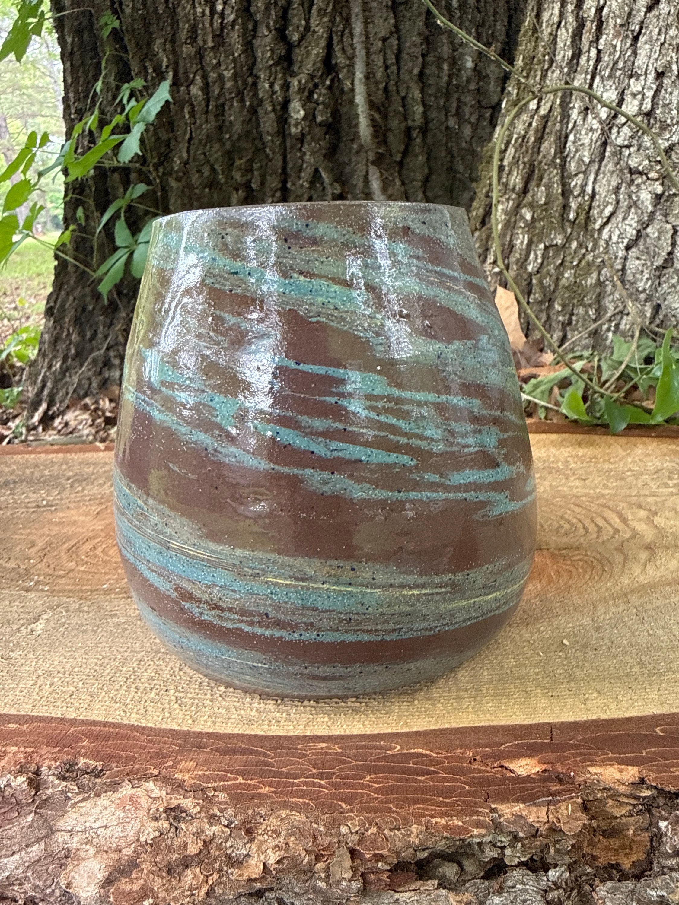 Choc, Teal & flecks of yellow Vase 6”x7”