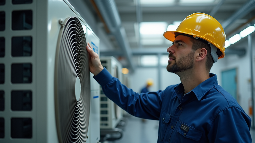 High angle view of a technician inspecting an air conditioning unit