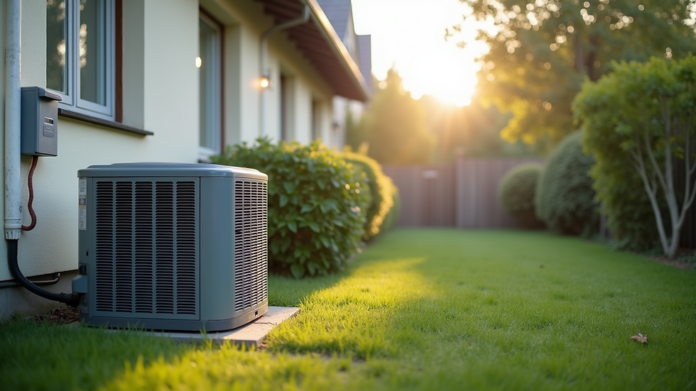 Eye-level view of a clean outdoor condenser unit in a residential setting