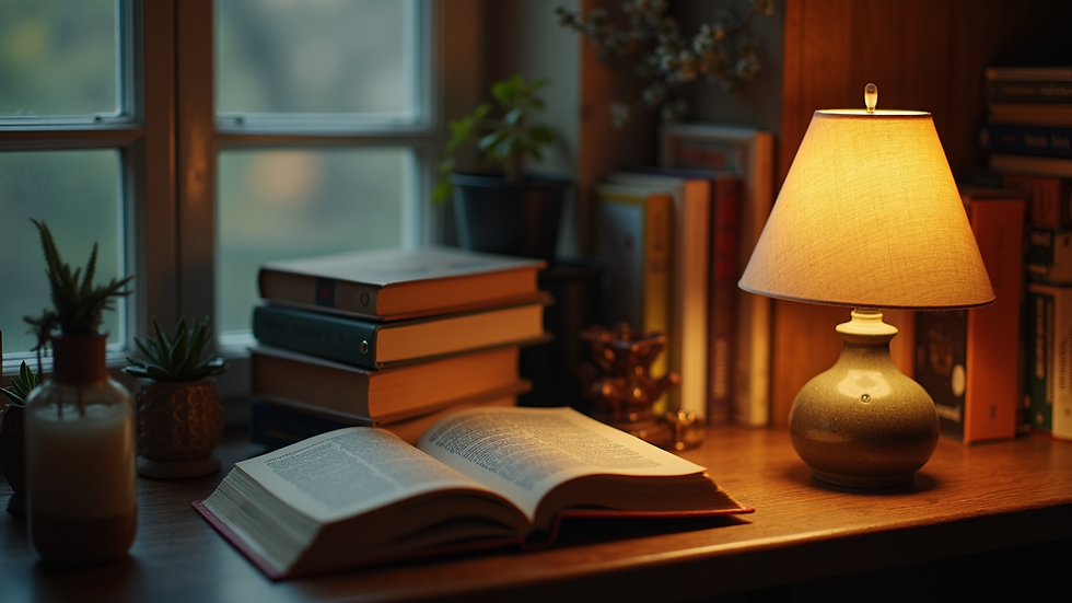 Eye-level view of a cozy reading nook with a lamp and a stack of short story books