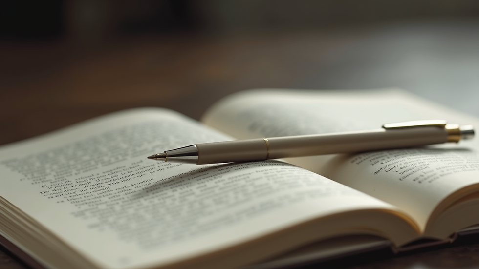 Close-up view of an open book with a pen resting on the page