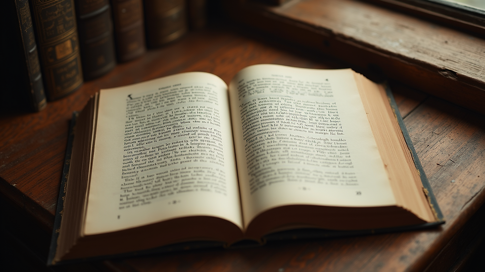 High angle view of a vintage book opened to a page with a short story