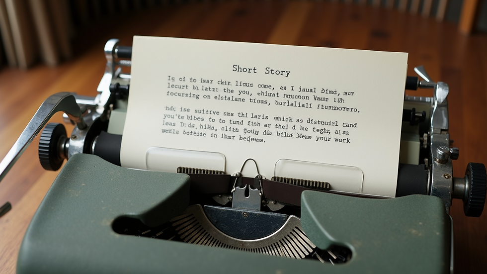 High angle view of a vintage typewriter with a printed short story page