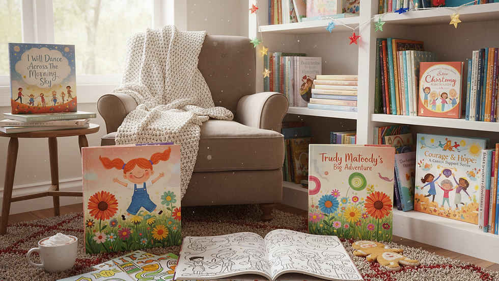 Eye-level view of a cozy reading nook with Christmas books stacked neatly