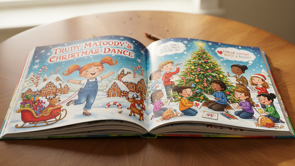 Close-up view of a colorful children's Christmas book open on a table