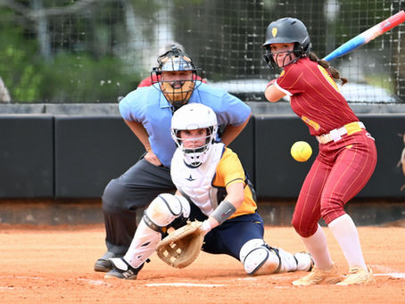 Salkehatchie softball player at bat with ball crossing the plate.