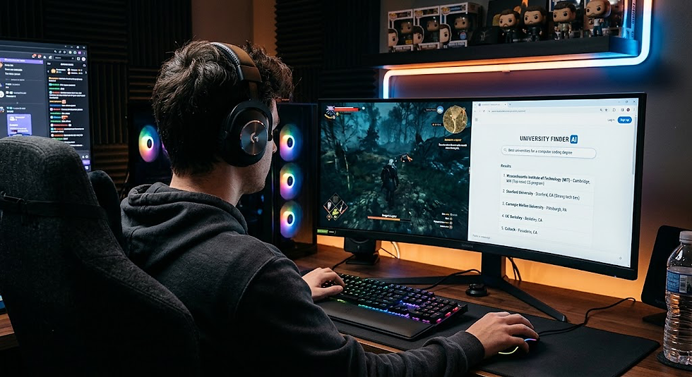 Over-the-shoulder view of a young gamer wearing a headset at a dual-screen desk setup. The right monitor is split into two windows: one running an open-world video game and the other displaying an AI search tool titled "University Finder AI" showing a simplified list of top coding universities.