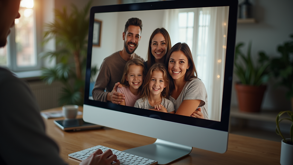 Eye-level view of a computer screen displaying a virtual family gathering