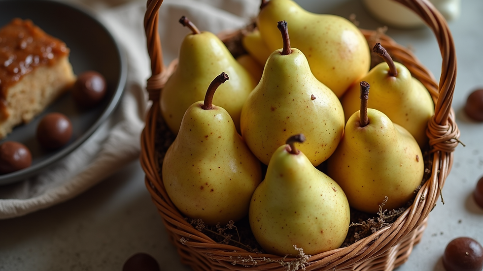 High angle view of a Harry and David gift basket with pears and chocolates