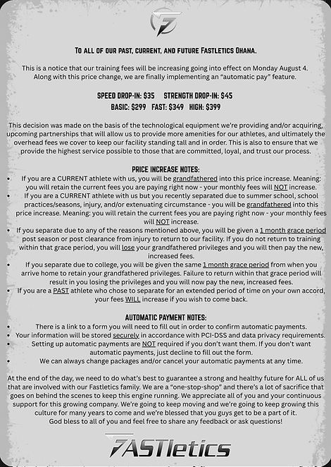 To all of our past, current, and future Fastletics Ohana. This is a notice that our prices