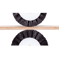 Upper and lower dedusting brushes cleaning an engineered wood flooring core before adhesive application