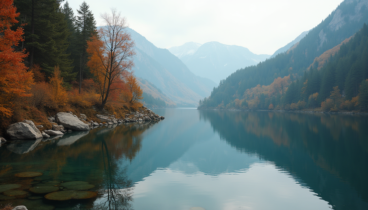 Eye-level view of a serene mountain lake reflecting autumn trees