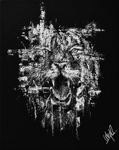 Khan, portrait animalier contemporain d'un tigre, collection Animal Glitch par Odryk.