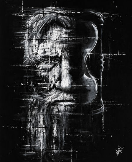 Time, portrait masculin contemporain mêlant visage fragmenté et forme de sablier, réalisé dans une approche Glitch par Odryk