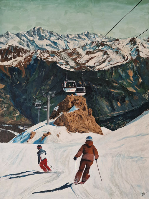 Tableau représentant une vue hivernale depuis la Saulire à Courchevel, avec deux skieurs descendant la piste face aux sommets enneigés.