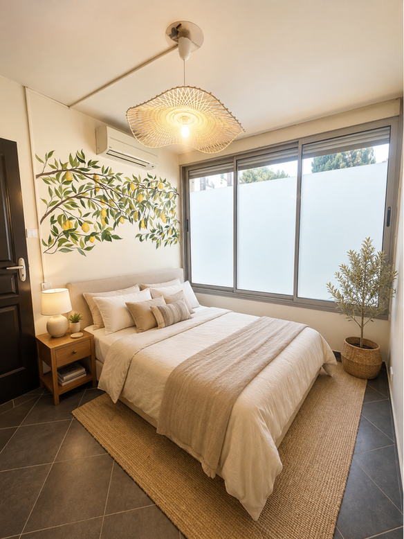 Chambre contemporaine sublimée par une fresque murale végétale sur mesure, représentant un feuillage luxuriant qui apporte une ambiance apaisante et naturelle à l'espace.