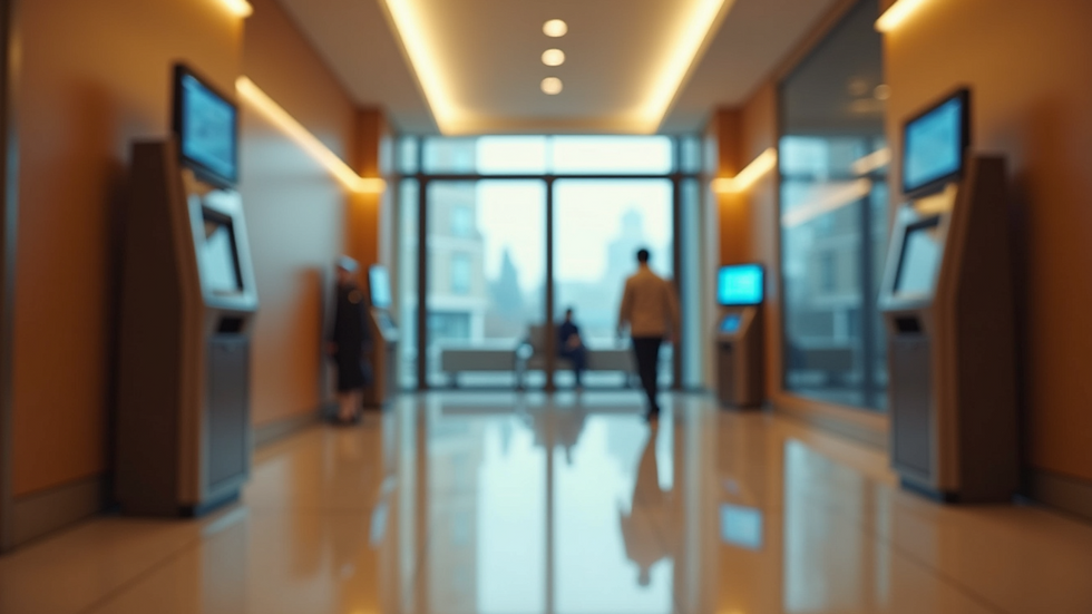 Eye-level view of a modern hotel lobby with digital check-in kiosks