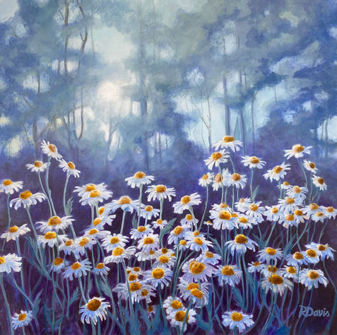 Acrylic painting of a field full of mountain daisies before a forest