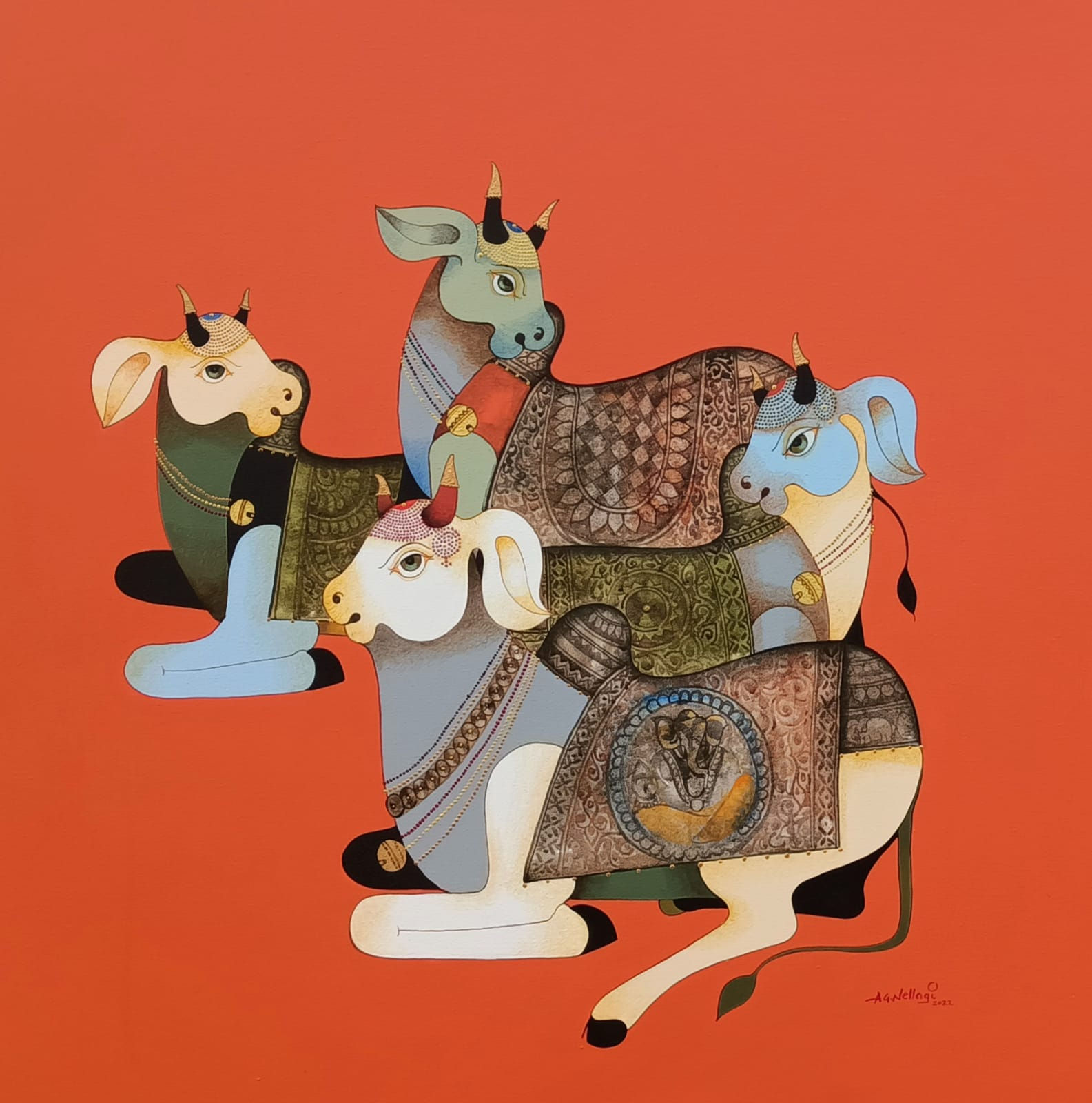 The Bull Family | Nandi Painting | AG Nellagi |  36" x 36" | Acrylic on canvas